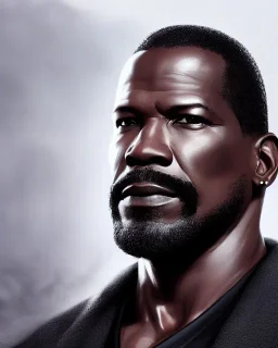 "MIddle aged black human male, with a trimmed but uneven beard, piercing eyes with slick back hair, full-scale head and shoulders portrait, 8k resolution concept art portrait by Greg Rutkowski, Artgerm, WLOP, Jaime Foxx dynamic lighting hyperdetailed intricately detailed Splash art trending on Artstation triadic colors Unreal Engine 5 volumetric lighting Splash art fantasy"