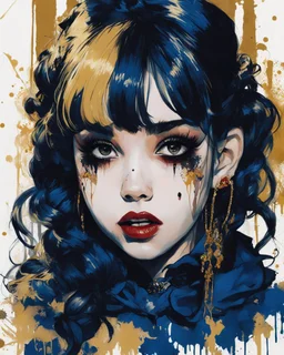 Poster in two gradually, a one side malevolent goth vampire girl face and other side the Singer Melanie Martinez face, painting by Yoji Shinkawa, darkblue and gold tones,