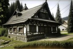 schita cu tema casa taraneasca din Bucovina , incadrata bine in rama , hasurat cu linii fine , cu mare acuratete si contrast , stil gravura pe metal