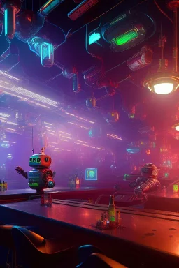 android dog and robots in a cyberpunk bar, digital art style. fantasy, volumetric lighting, particales,highly detailed wide shot, cinamatic, Zack Snyder stlye, colourful, w