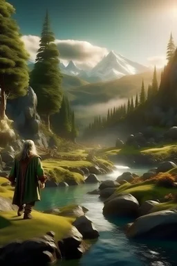 the hobbit is walking along the realistic magic forest with a river and mountains,