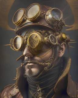 A bold portrait of a steampunk aviator, adorned with brass goggles and intricate, mechanical prosthetics, in the style of industrial art, rich textures, contrasting materials, and skillful use of light and shadow, inspired by the works of H.G. Wells and Jules Verne, celebrating the spirit of innovation and adventure.