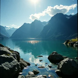 Sublime foto close-up Kodak Portra 160, dream-core, liminal, odd-core, alta definizione di un lago, monti, decal, bas-relief, abeti Alps, collage art, d sublime, splimapys, acqua nera riflette un sole nero circonda il lago, alghe, hypermaximalist, Henri Rousseau style, strangeness, intricate, hypnotic, obsessive, 8k, deep 3d field, very accentuated details of the rocks and shtn, eerie, artistic photo, shot on Hasselblad, large format film, medium format film