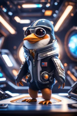 pen outline, really macho pimp gremlin penguin captain that go hard sitting in space station cockpit , in front of space portal dimensional glittering device, bokeh like f/0.8, tilt-shift lens 8k, high detail, smooth render, down-light, unreal engine, prize winning