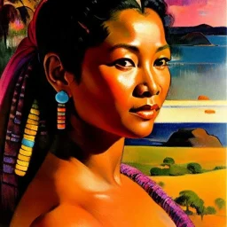 Drawing of 'woman from Afar tribe',sweet stare,painting by Earl Norem, simon Bisley,frazetta,西嘛哒, evan lee, Vallejo,kelly,Paul Gauguin oil on canvas, cinematic composition, extreme detail,fit full head inside picture,8k