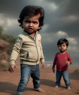 Raj kootrappali toddler, full body, dramatic lighting, angry, hyper realistic,