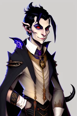 Young tiefling nobleman alchemist with black hair horns and large reptilian tail gothic jewelry and potion bottles in the style of Charles Addams