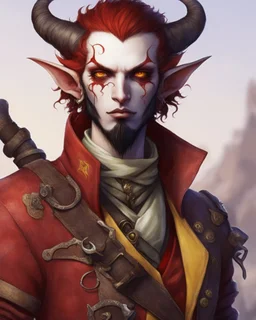 male humanoid tiefling, pirate, pale white skin, yellow eyes, soft purple lighting, round face, short beard goatee, functional clothes, red coat