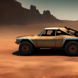 hyperrealistic cinematic shot, mad max style desert buggy, side damage and rust, low angle closeup shot, monotone color palette, sharp focus, puddle reflection, tire water splash, refraction, mist on the horizon, shadowcast, detailed and intricate, cinematic composition, micro, tilt shift photography