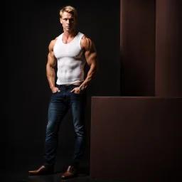 portrait of a 35 year old Handsome muscular male. tall with pale skin and short blond hair with five a clock shadow. wearing jeans and a white shirt