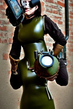 Steam-punk style random-mask. Large fencing mask covers cheeks. Brainless girls. Reflective surface on face, full coverage, reflective. Camera lenses as eyes. Head full of integrated old-fashioned phones. Army green surfaces body, latex. Perfect body, thick thighs and calves. Asa Akira. SElfie with historical camera. Wide hip, skirt bleats nicely. Partly symmetrical. Straitjacket. Steam-plunge-air-bottles-chin. Euclidean 3D-tiling walls. surrealistic atmosphere