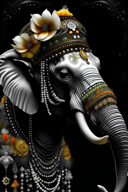 White and silver, bioluminescence gradient african elephant portrait, textured detailed fur adorned with bioluminescence malachit colour rennaisance style black and white and Golden pearls, beads and black diamond headdress and masque, orange lily florals, organic bio spinal ribbed detail of detailed creative rennaisance style ornate lwhite colour florwers background by the moonlight extremely detailed hyperrealistic maximálist concept art