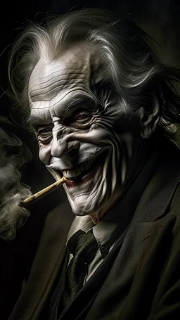 Bosch nightmares paining style Title: a joker face with cigarette in his mouth, smiling 8k,photography, photorealistic concept art, soft natural volumetric cinematic perfect light, chiaroscuro, award-winning photograph, masterpiece, oil on canvas, Raphael, Caravaggio, Greg Rutkowski, people, beksinski, Giger