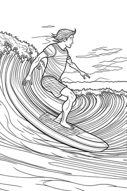 Outline art for coloring page OF A SURFER IN SHORTS RIDING A WAVE IN HAWAII LOOKING AWAY FROM US, coloring page, white background, Sketch style, only use outline, clean line art, white background, no shadows, no shading, no color, clear