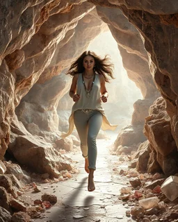 make a picture pretty crystal cave covered with jwells and 3d recursive cubic and sphere base pearls and Gemstone species, a beautiful goddess lady with curvy hair,makeup, in pretty modern today pants and loose shirt with jewels is running inside cave ,dynamic camera fallow her inside cave capturing full body, dynamic lights.