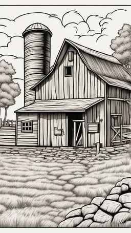 coloring page, old barn, cartoon style, thick lines, low detail, no shading