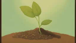 The painting shows a small mint seed buried in the ground. The artist uses brown and light green colors to depict the initial growth of the plant. The seed emerges in the nutrient soil and receives sun and water to grow.