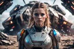 Beautiful girl with rainbow eyes, warrior, strong, sad, resilient, Masterpiece, female, young, best quality, cinematic lighting, futuristic, , standing in front of crashed spaceship, with family of 8 behind her, tough stance.