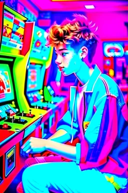 a millineal teenage boy is playing video arcade games, bright colored clothes from the 90s, hairstyles of that time