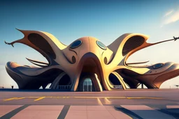 exterior view of an ant-shaped airport, spectacular, shocking, ultra quality, maximalist, 8k 3D