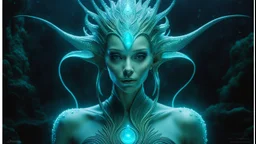 The photo features a bioluminescent and bioluminescent art style depicting a divine female alien god. Bioluminescent moist translucent glowing skin, ethereal glowing eyes, extra long neck, medium front third eye, large head fins and ear fins show off a charming, perfect face in ultra-realistic detail. The composition imitates a cinematic film with dazzling, gold and silver lighting effects. Intricate details, sharp focus, crystal clear skin create high detail.