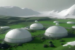 wide shot of a base on white planet with greenish forest in background