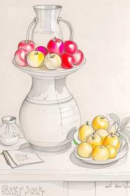 Pencil drawing and watercolour by Barbara Hepworth , table with apples, and a jug of daisies, grey and gold and red