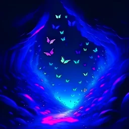 of flock of butterflies flies out of a dark cave, high quality, digital painting, painting oil, blue-purple, anime style