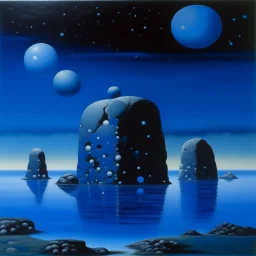 An indigo galaxy with asteroids designed in ancient Greek pottery painted by René Magritte