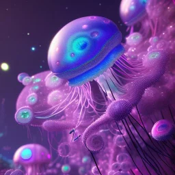 jellyfish glitter alien pink and blue in a galactic ambiance, delicate colors in the foreground, full of details, smooth, light effect，vaporwave colorful, smooth, extremely sharp detail, finely tuned detail, ultra high definition, 8 k, unreal engine 5, ultra sharp focus