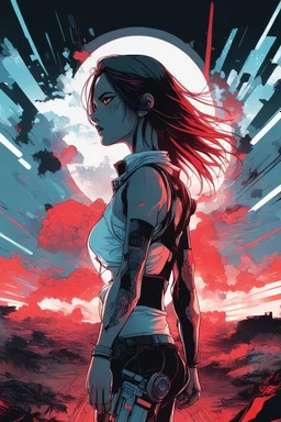 Dark outline line art anime style double exposure of a silhouette of a cyberpunk-inspired woman standing in front of a landscape shot of an active war zone with distant explosions, light black and red long hair, light blue eyes, short red and white tank top, hands on hips, (looking intently at viewer), (viewer from low ground level view with focus on eyes), (double exposure), (inspired by Cyberpunk mixed with Code Geass mixed with Fate: Grand Order), (giant red moon in background), (vibrant colo