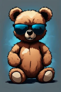 Make a bad cartoon teddy bear with sunglasses with a background hell and heaven