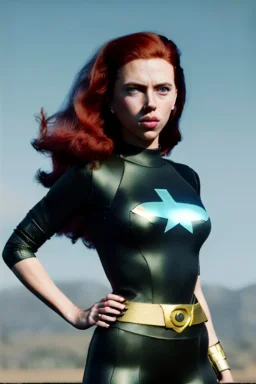 retro portrait image from 1960, sky background, wind, long red hair, fighting stance, sweet young Scarlett Johansson, black dress, classic long tight lycra black suit, gold bracelet and belt, high heel boots, superhero style, soft color, highly detailed, unreal engine 5, ray tracing, RTX, lumen lighting, ultra detail, volumetric lighting, 3d, finely drawn, high definition, high resolution.