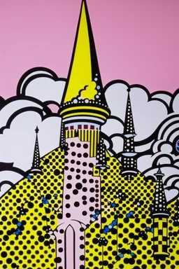 A pink magic genie castle painted by Roy Lichtenstein