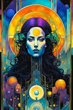 Create a chaotic abstract cubist Tarot Card depicting a post apocalyptic, The High Priestess , with highly detailed facial features, in the style of Bill Sienkiewicz, Philippe Druillet, Gustav Klimt, and Jean Giraud Moebius, precisely drawn, colored and inked