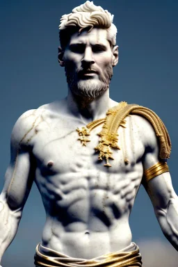 Realistic image, Roman sculpture made in white marble with gold veins, Lionel messi with gold halo crown, two blue brushes, decorative star on the chest, waist up portrait, marble material, gold ornaments, Baroque style, sun rays background, epic, celestial, cinematic lighting, God lights, 4k resolution, smooth details, soft lighting, unreal engine 5, art station, substance 3d.