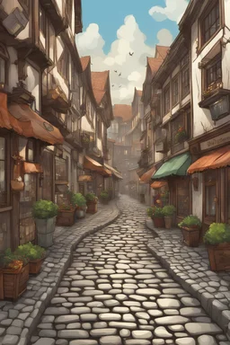 Fantasy city street with cobblestone, moist from rain on sunny day, lots of shops and people