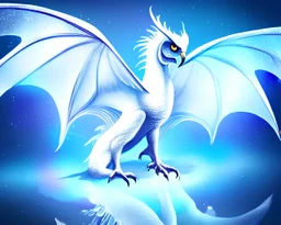 surreal illustration of white dragon with owl-like head, a white dragon with white owl head, realistic surrealism, dragon with fairy-like transparent glowing and sparkly wings standing in snow, glowing soft and smooth wings abstract fantasy art highly detailed intricate patterns on wings, shiny snowy background soft studio lighting shiny smooth background 64k