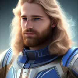 Beautiful cosmic man, blue eyes, long blond hair, smiling, cosmic suit, full body, galactic backdrop, soft lighting, hyper realistic, unreal engine 5, 16k