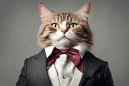 a cat in the shape of a man wearing a bowtie and suit