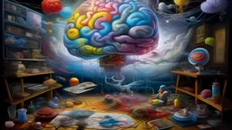 The image depicts an intriguing scene where the human brain is surrounded by a cloud of mystery and secrets. The brain is portrayed at the center of the image, vividly colored and detailed, bearing the marks of the mental laundering it has undergone since the beginning of life, represented by various colors symbolizing experiences and transformations. The atmosphere surrounding the scene is characterized by mystery, with thoughts and secrets intermingling in a colorful array of mist. This myste