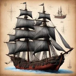[3d isometric view complemented by diagrams and technical blueprints] Red Sonja's Pirate Galleon Description Length: 100 feet Hull: Blackened wood with battle scars Mainmast: Towering structure reaching 80 feet Sails: Tattered canvas billowing in the wind Deck: Chaotic layout with ropes and canvas strewn about Crew: Rough and weathered individuals led by Red Sonja Cannons: Lined along gunwales, ready for battle Sound: Creaking timbers, groaning rigging, symphony of sea noises Atmosphere: Smell o