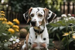 Un chien de race beagle mélangé à un chien de race dalmatien dans un jardin