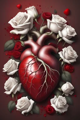 red human heart with white roses with realistic blood in the background