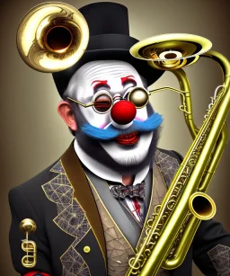 mechanoid old friendly fat clown with beard playing jazz with a steampunk theme, trumpet, realistic