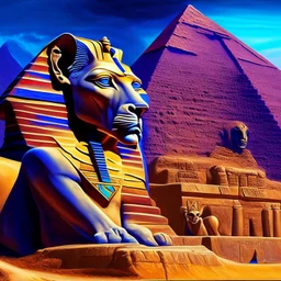 Piramides de Egipto y Esfinge obra de arte colores complementarios arte pintura al óleo detallado hiperrealista iluminación cinematografica hermoso impactante coherente nítido 8k