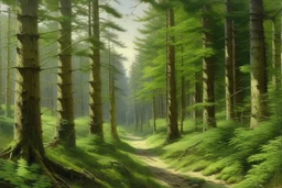 Peder Mork Monsted style forest pines, a wide dirt road in the middle, hyperrealistic