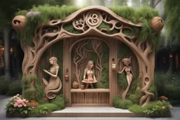 Декор и оформление: На фасаде можно разместить резные деревянные панели с изображениями сказочных персонажей: Бабы Яги, Лешего, Русалок и других. Используйте элементы флоры: плетёные лозы, деревянные бочки с цветами, кусты и деревья, чтобы создать ощущение, что кафе находится в самом центре леса. Ландшафтный дизайн: Вокруг кафе можно создать сказочный сад с аллеями, выложенными камнями, и фонтанами, где будут плавать уточки. Добавьте скамейки и столики из натурального дерева, окружённые цветам