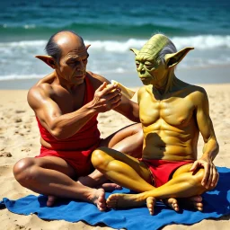 sandy beach scene shows realistic Data from Star Trek and Star Wars' Yoda wearing only a bright red speedo. Yoda, with green wrinkled skin and pointed ears, sits cross-legged while extending his three-fingered hand to feed a wedge of Welsh Rarebit to Data, who reclines on a blue beach towel. Data's pale complexion and yellow skin tone are visible as he receives the food. The beach setting features golden sand, with blue ocean waves visible in the background. Daytime outdoor photography with nat
