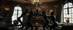 Lotsa goths pushing each other with sticks creating weird geometric form in dramatic scene in luxury parlour in the style of Giger and Escher